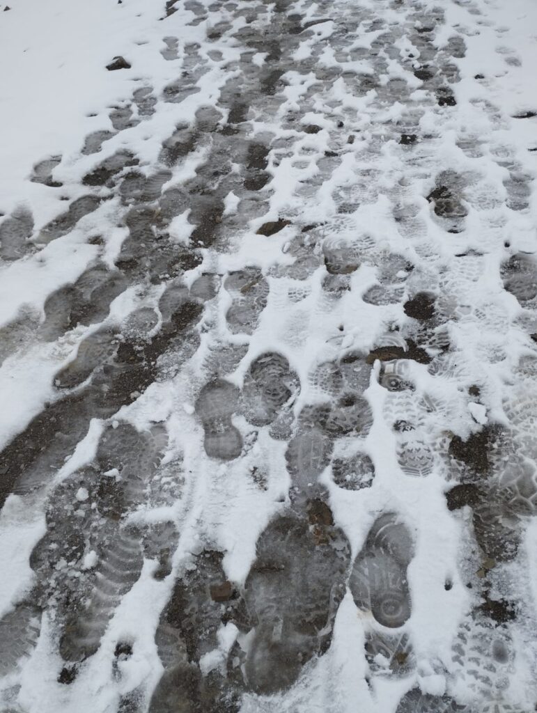 Camino de nieve a la montana de colores